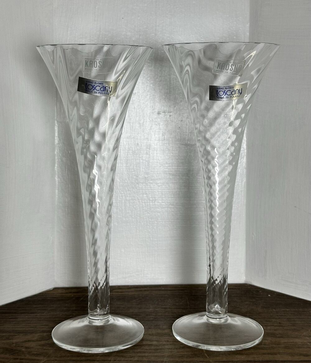 Optic Swirl Hollow Stem Clear Glass Champagne Flute Set of 2 Barware 9 inch NEW